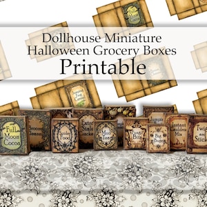 Puppenhaus Miniatur Halloween Lebensmittel Boxen DRUCKBARE 1:12 digitaler download Mini Haunted House Küche Dekor Urlaub DIY Handwerk Roombox