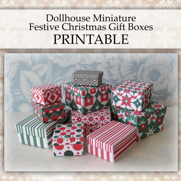 Dollhouse Miniature Gift Boxes PRINTABLE festive Christmas holiday 1:12 digital download