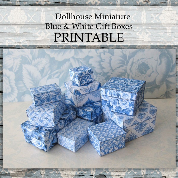 Dollhouse Miniature Gift Boxes PRINTABLE Blue White 1:12 digital download elegant birthday
