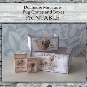 May include: Three miniature wooden boxes with pug dog illustrations and the text "Sweet Day" and "Willowson's" on them. The boxes are labeled "Dog Food" and "Dog Biscuits".