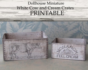 Dollhouse Miniature PRINTABLE White Crates Cow Cream Design Cottage Farmhouse Home Decor 1:12 scale digital download DIY Craft