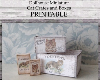 Dollhouse Miniatuur AFDRUKBARE Cat Crates Cottage Boerderij Decor 1:12 schaal digitale download Roombox Mini Box DIY Craft