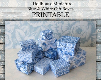 Dollhouse Miniatura Cajas de Regalo IMPRIMIBLE Azul Blanco 1:12 descarga digital elegante cumpleaños