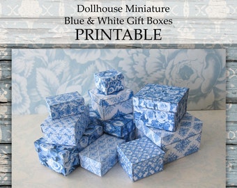 Dollhouse Miniature Gift Boxes PRINTABLE Blue White 1:12 digital download elegant birthday