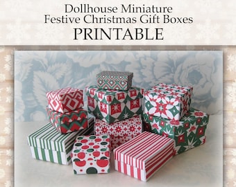 Dollhouse Miniature Gift Boxes PRINTABLE festive Christmas holiday decor 1:12 digital download roombox decorations present box