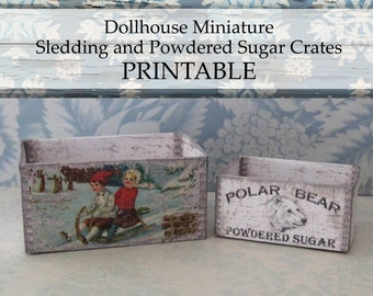 Dollhouse Miniature PRINTABLE Crates Sled Powdered Sugar Farmhouse Cottage Decor 1:12 scale digital download Polar Bear Holiday DIY Craft