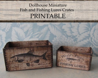Dollhouse Miniature PRINTABLE Crates Fish Fishing Design Farmhouse Rustic Home Decor 1:12 scale digital download DIY Craft