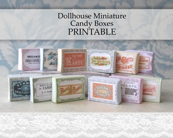 Dollhouse Miniature PRINTABLE Candy Boxes Grocery General Store Sweet Shop Decor 1:12 Scale digital download Holiday Box DIY Craft