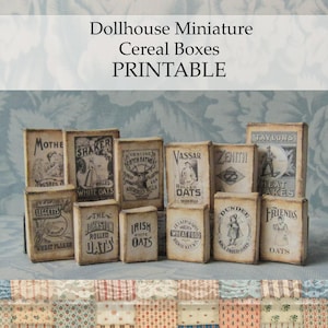 May include: A collection of miniature cereal boxes with vintage-style designs. The boxes feature various brands and illustrations, including text that reads "Dollhouse Miniature Cereal Boxes PRINTABLE". The boxes are arranged on a patterned surface.