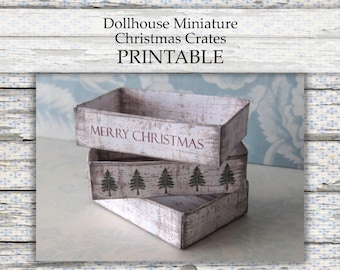 Dollhouse Miniature Christmas Crates PRINTABLE white rustic holiday box decor 1:12 digital download