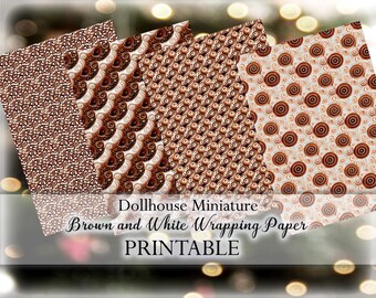 Dollhouse Miniature Wrapping Paper PRINTABLE Brown White 1:12 digital download Christmas holiday