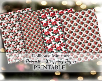 Dollhouse Miniature Wrapping Paper PRINTABLE Poinsettia Red White Green 1:12 digital download Christmas holiday
