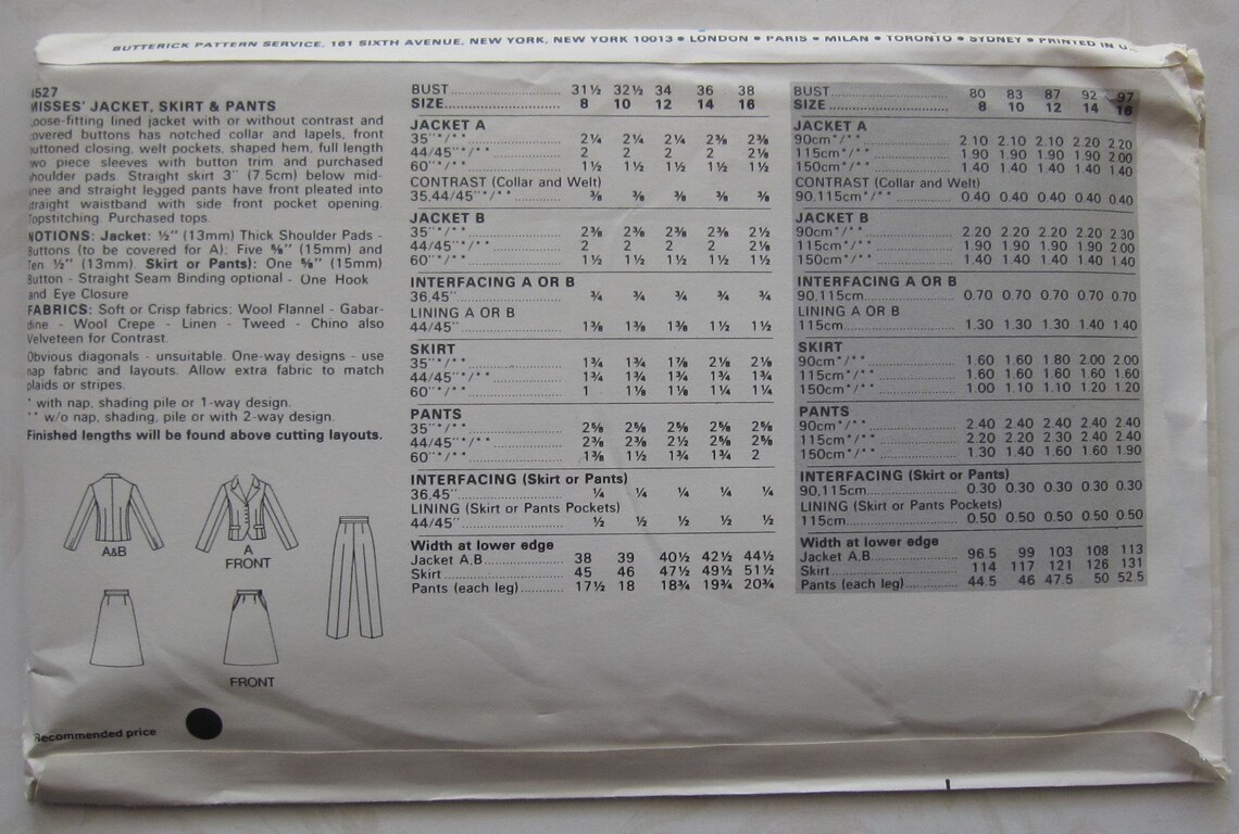 Jacket Pants Skirt Sewing Pattern UNCUT Butterick 4527 Size 12 - Etsy