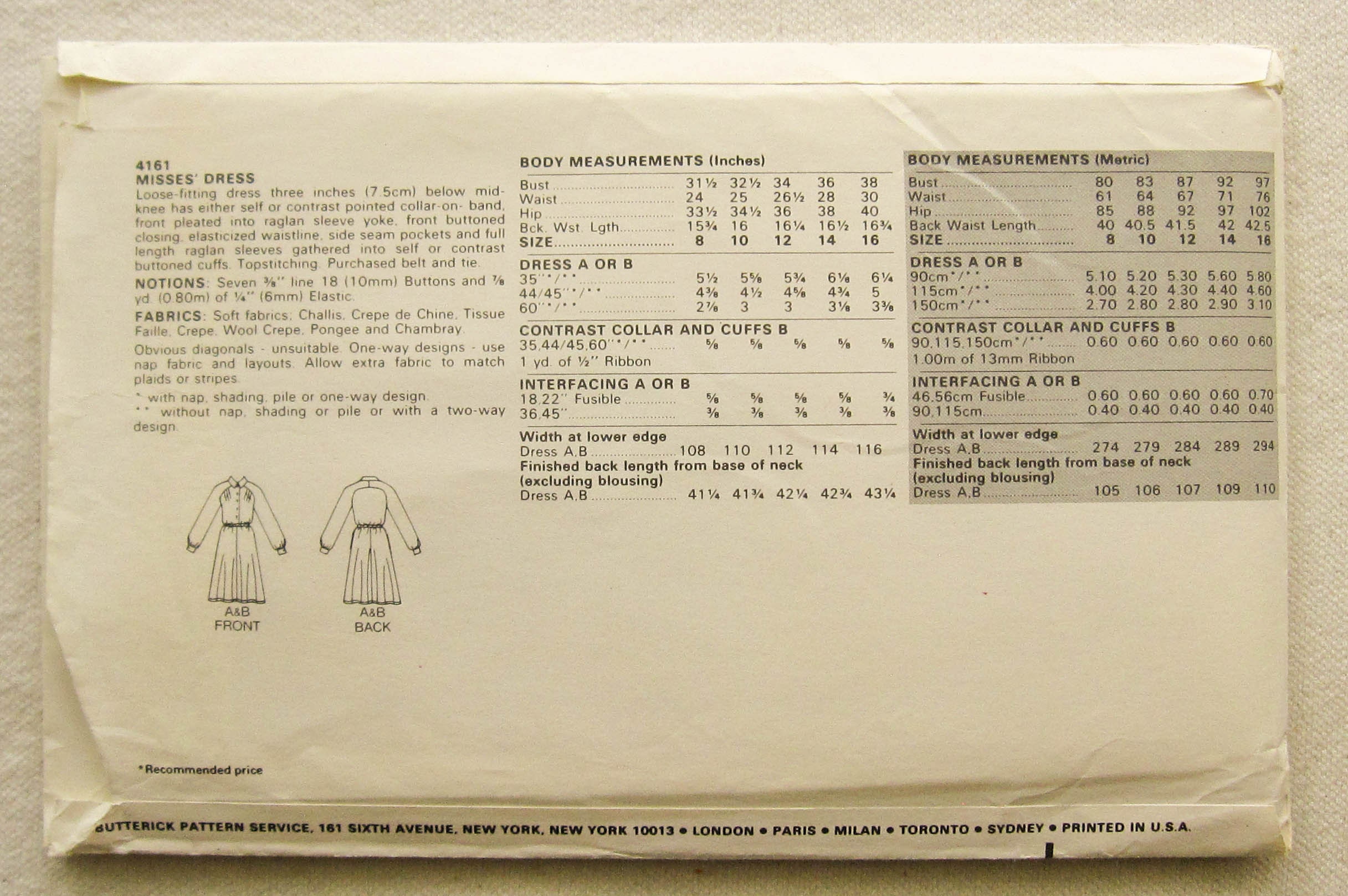 Vintage Sewing Pattern UNCUT Butterick 4161 Size 12 Dress - Etsy