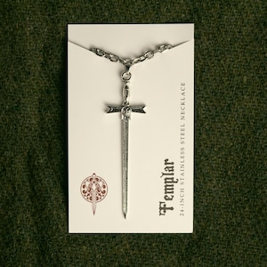 Templar Sword Cross Necklace | 20-Inch Stainless Steel Pendant Necklace | Knight, Crusader, Paladin, D&D, Gothic, or RPG Gift or Accessory