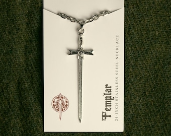 Templar Sword Cross Necklace | 20-Inch Stainless Steel Pendant Necklace | Knight, Crusader, Paladin, D&D, Gothic, or RPG Gift or Accessory