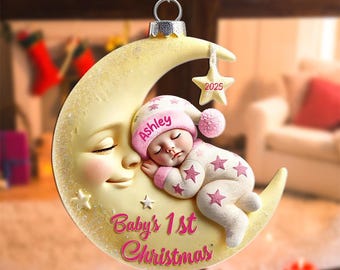 Personalized Baby’s First Christmas Ornament 2025 – Custom Name Moon & Star Keepsake, Baby 1st Xmas Tree Decoration, Newborn Girl/Boy Gift