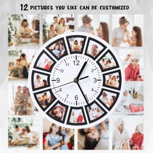 May include: A white wall clock with a black frame, featuring 12 photo slots. The clock hands point to 12:00. The text "12 PICTURES YOU LIKE CAN BE CUSTOMIZED" is at the top. Each photo slot contains a different family photo.