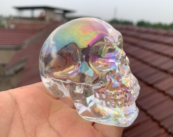 Cráneo de cristal de cuarzo con aura arcoíris: piedra curativa lemuriana tallada a mano (7,4 cm)