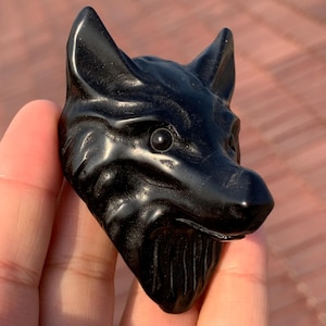 Hand Carved Natural Obsidian Wolf Skull: Home Decor Crystal Gift