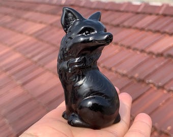 Figura de zorro de obsidiana tallada a mano: decoración de cristal para el hogar (8,9 cm)