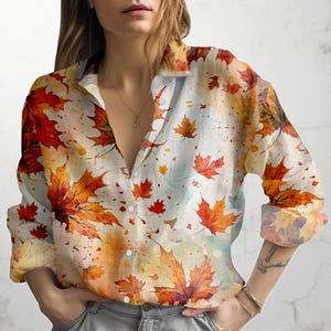 Autumn Maple Leaf Blouse Shirt, Fall Foliage Print Linen Look Top, Long Sleeve Button Up, Thanksgiving Outfit, Cozy Casual Fall Fashion