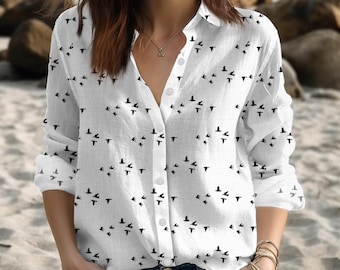 Minimal Bird Print Blouse Shirt, Flying Birds Button Up Shirt for Women, Nature Inspired Aesthetic Top, Casual Everyday Outfit