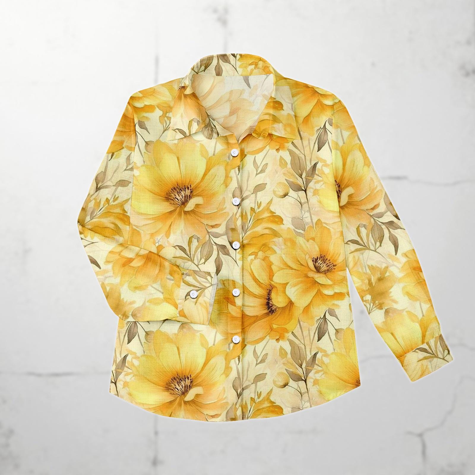 トップス flower print sheer shirt / yellow / S Yellow Floral Blouse Shirt, Bright Sunflower Print Linen