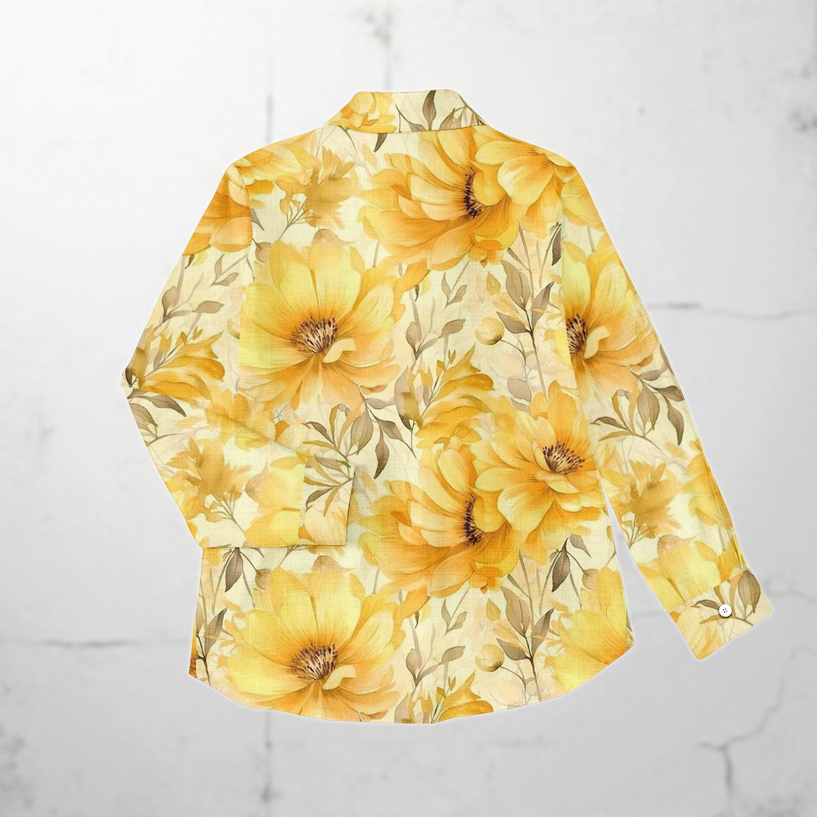 Yellow Floral Blouse Shirt, Bright Sunflower Print Linen