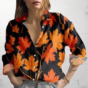Black Autumn Maple Leaf Blouse Shirt, Orange Fall Foliage Print Linen Look Top, Long Sleeve Button Up, Thanksgiving Casual Outfit