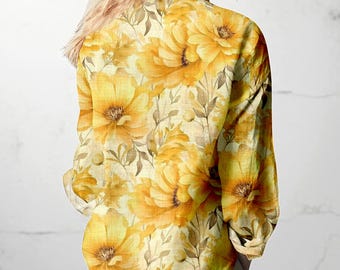 Yellow Floral Blouse Shirt, Bright Sunflower Print Linen Look Top