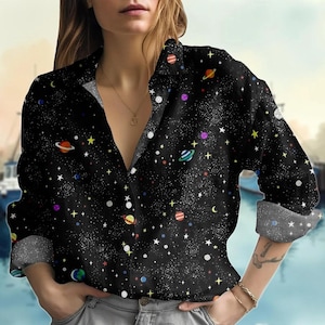 Galaxy Space Button Up Shirt, Planet Print Linen Look Blouse, Cosmic Star Long Sleeve Top for Women, Astronomy Shirt, Gift for Her