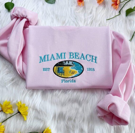 Miami Beach Florida Embroidered Sweatshirt, Cute Pink Crewneck