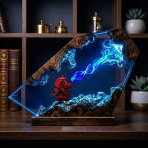Lampada da mago fantasy in resina, luce notturna blu magica in resina epossidica, decorazione da scrivania in legno fatta a mano, regalo per sala giochi, lampada da mago per giochi di ruolo
