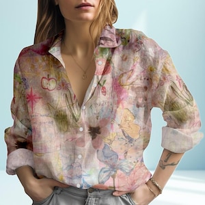 Watercolor Art Print Shirt, Long Sleeve Button Down Blouse with Floral and Butterfly Design, Artistic Casual Loose Top for Women