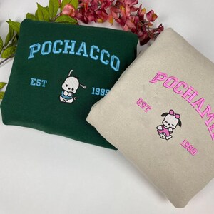 Pochacco and Pochamii Embroidered Sweatshirt Set, Cute Sanrio Couple Shirt, Matching Kawaii Crewneck Gift for Her and Him