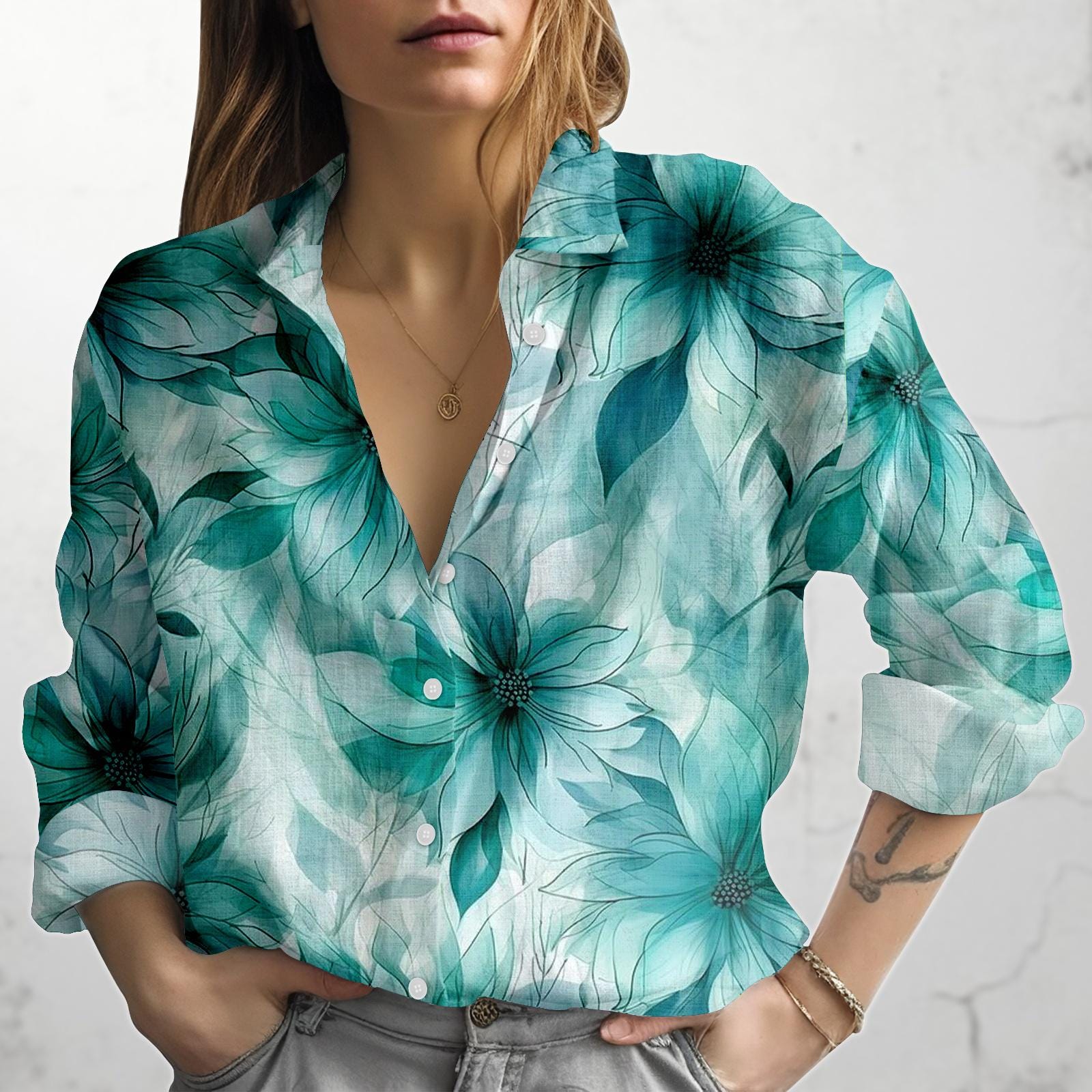 Teal Floral Blouse Shirt, Aqua Blue Flower Print Linen Look Top, Long Sleeve Button Up, Summer Beachwear, Boho Garden Party Outfit, image size:1600x1600