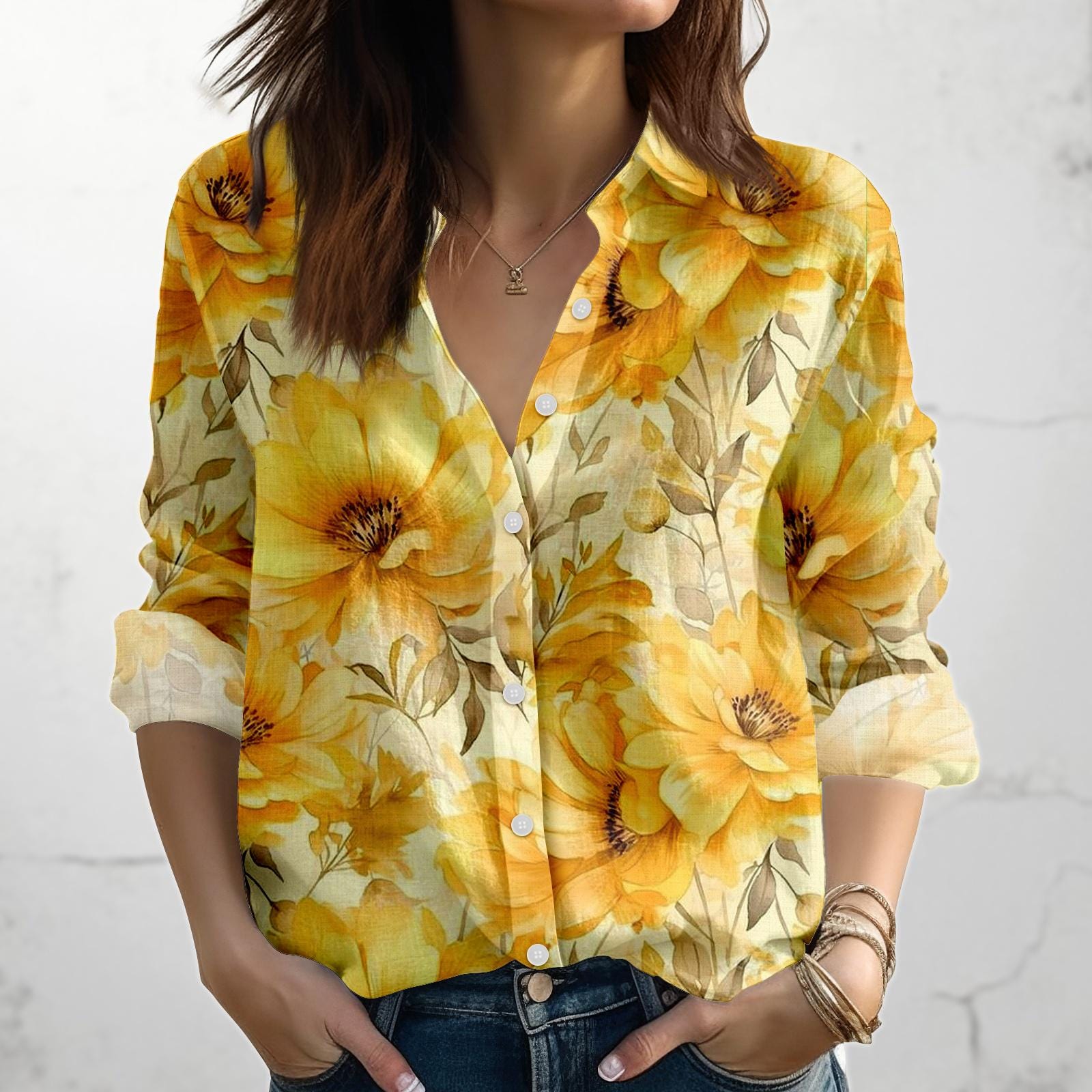 Yellow Floral Blouse Shirt, Bright Sunflower Print Linen