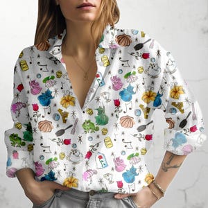 Colorful Cartoon Print Shirt, Long Sleeve Button Down Blouse with Cute Character and Floral Pattern, Casual Loose Top for Women