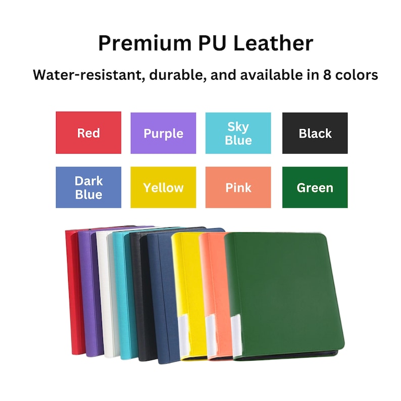 Puede incluir: Una colecci&oacute;n de ocho carpetas rectangulares hechas de cuero PU premium, dispuestas en fila. Las carpetas est&aacute;n disponibles en rojo, morado, blanco, azul cielo, negro, azul oscuro, amarillo, rosa y verde. El texto dice Premium PU Leather.