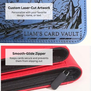 Puede incluir: Un estuche para tarjetas azul con un dise&ntilde;o de monta&ntilde;a grabado con l&aacute;ser y el texto LIAM'S CARD VAULT, junto a un estuche rojo con interior negro y una cremallera de deslizamiento suave para mantener las tarjetas seguras y evitar que se salgan.