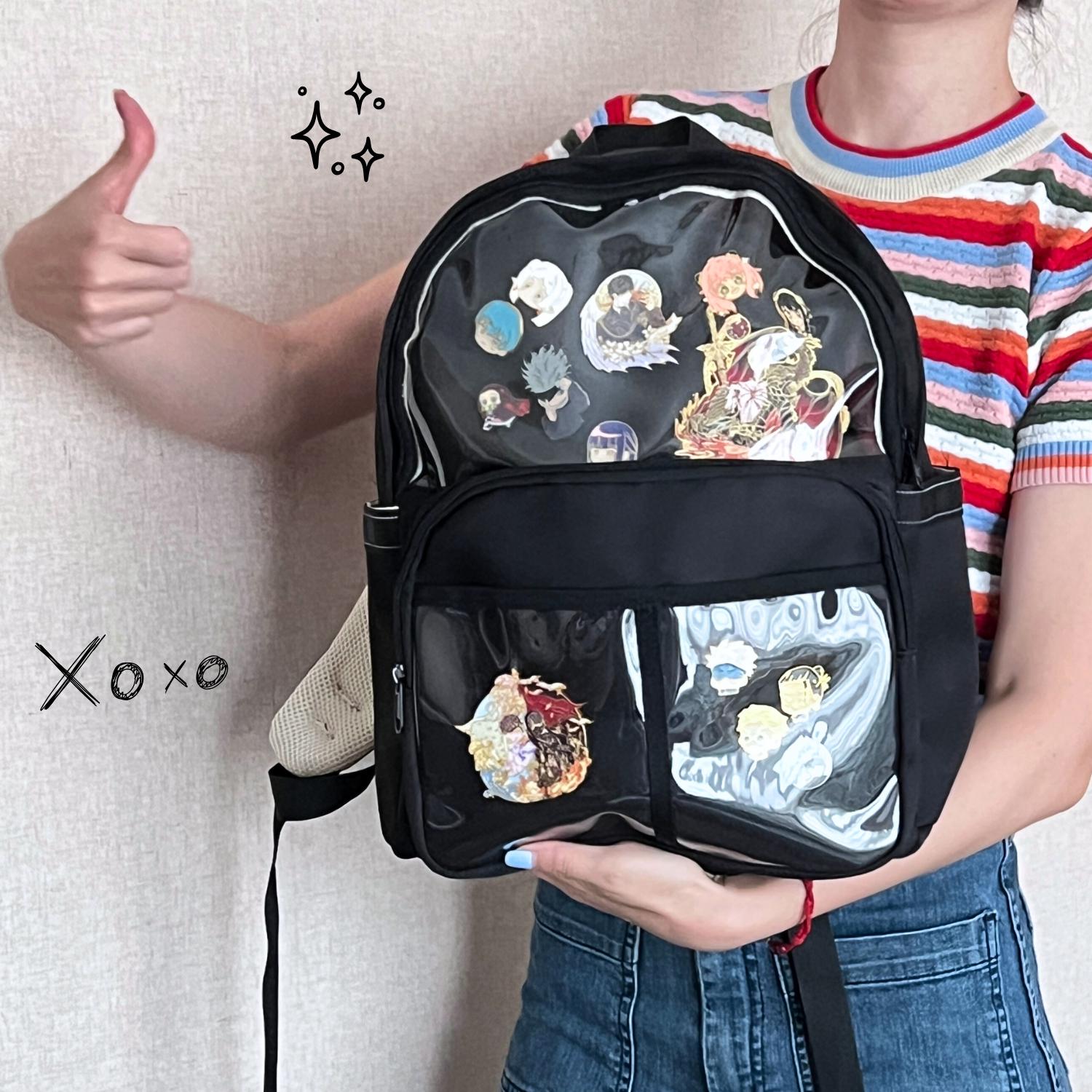 Black Large Ita Bag Backpack with Pin Display for School Anime Cosplay Large Ita Backpack, Black Anime Backpack, Clear Pin Display  main image 3