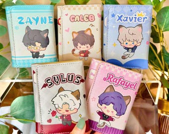 Cartera plegable Love and Deepspace: Tarjetero de piel sintética de Caleb, Sylus, Zayne, Rafayel y Xavier