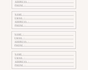 May include: A printable emergency contact list with five sections for names, email addresses, physical addresses, and phone numbers.