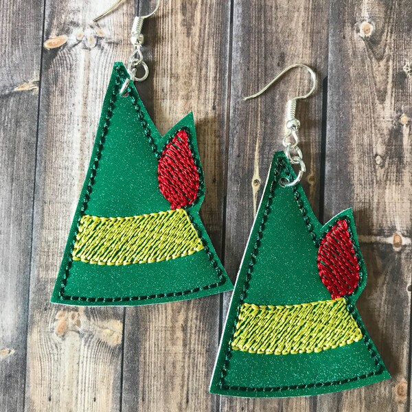 Elf's Hat - Holiday Earrings - pierced - clip ons - vinyl fabric and coated brass hardware