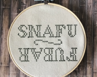 SNAFU FUBAR | Subversive Cross Stitch Wall Hanging | Funny Cross Stitch, Modern, Picture, Home Decor, Customizable Cross Stitch