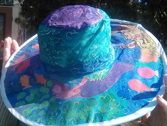 Mermaid Beach Hat Hand Painted Silk - Etsy display picture 3