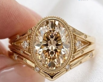 Champagne Oval Lab Grown Diamond Bridal Ring Set | Celestial Starburst Gold Bezel Engagement Ring | Unique Jewelry Gift for Wife