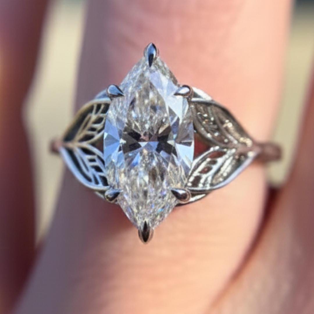 Marquise Cut Lab Grown Diamond Ring – 14K Gold Leaf Detail Vintage ...