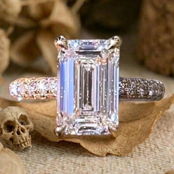 3 Carat IGI Certified F Color VVS Clarity Emerald Cut Lab Grown Diamond Hidden Halo Engagement Ring, Wedding Anniversary Gift for woman